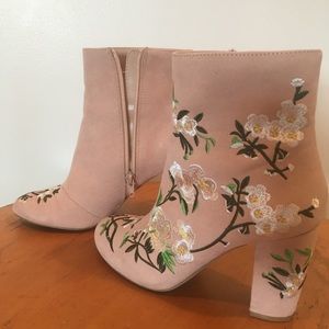 Faux Suede Embroidered Blush Boots